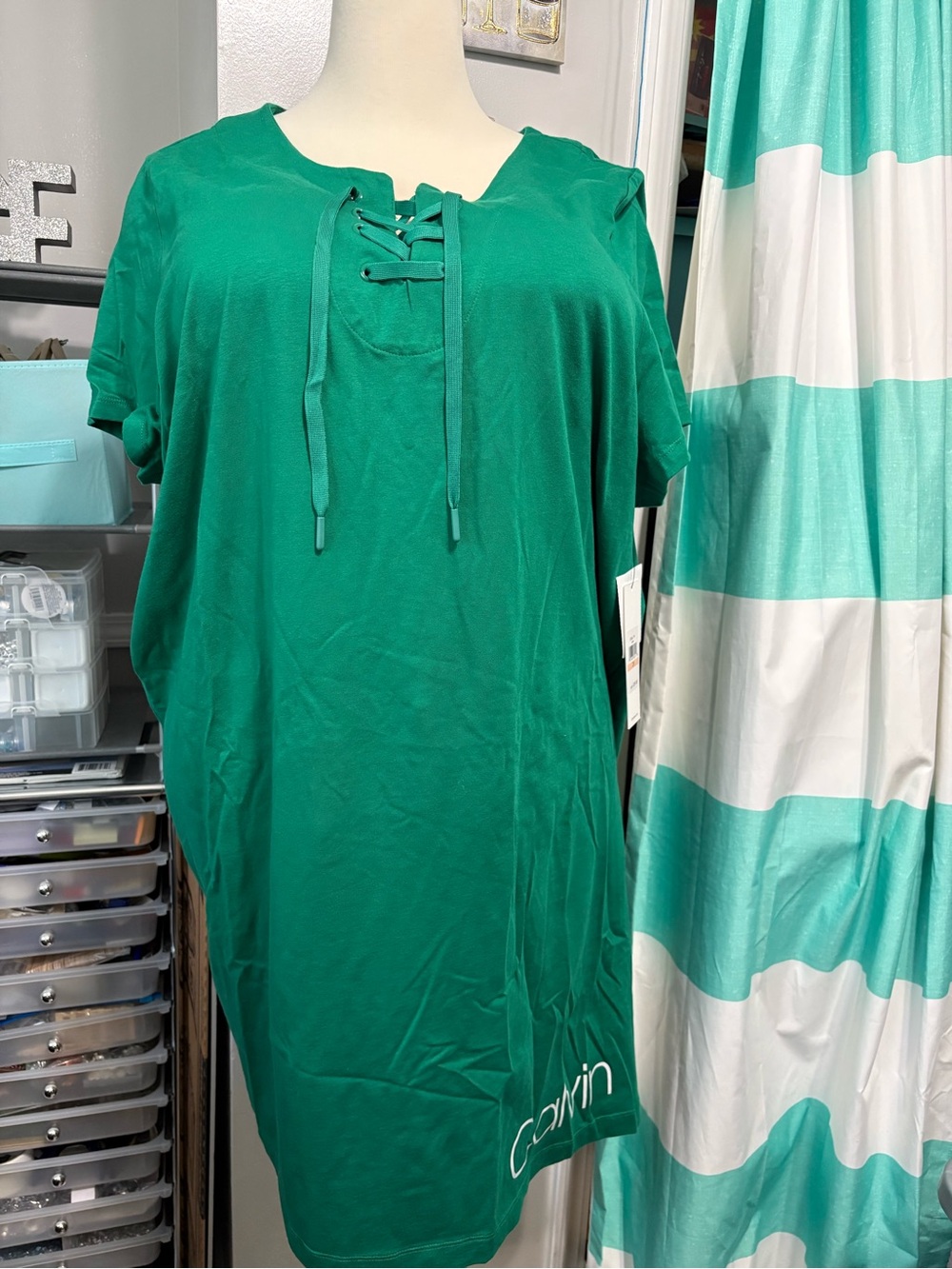 Calvin Klein Casual Lace-Up Neckline Green Women’s Dress